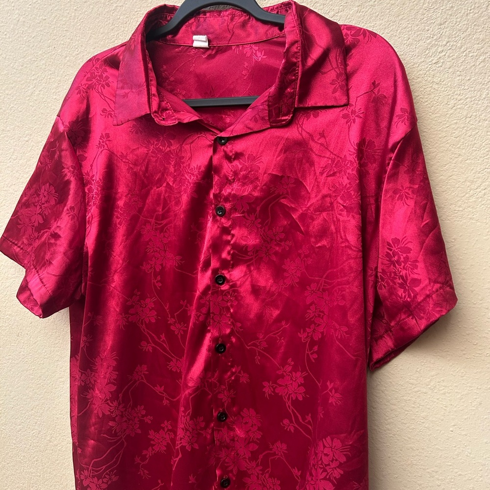 Men's Red Floral Satin Shirt